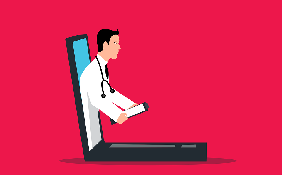  An illustration of a doctor coming out of a laptop screen 