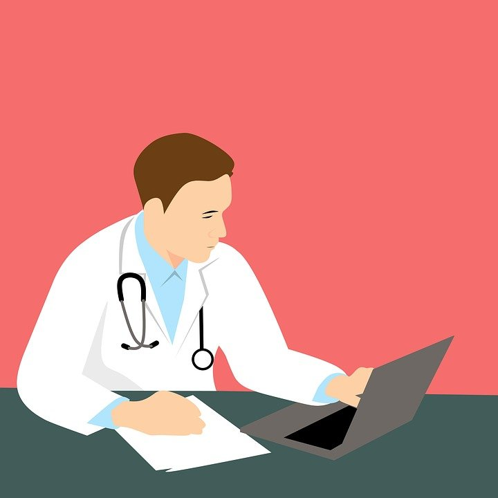 An illustration of a doctor in a meeting with a patient online