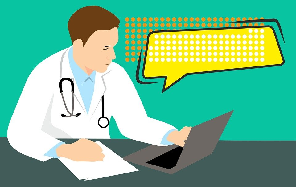 An illustration of a doctor talking a patient via laptop