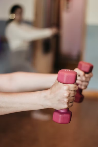 Weights held in hands for a workout