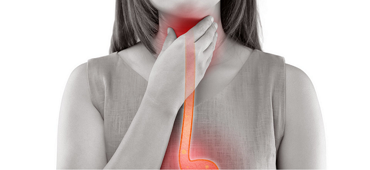 Woman's hand on her throat area highlighted in red