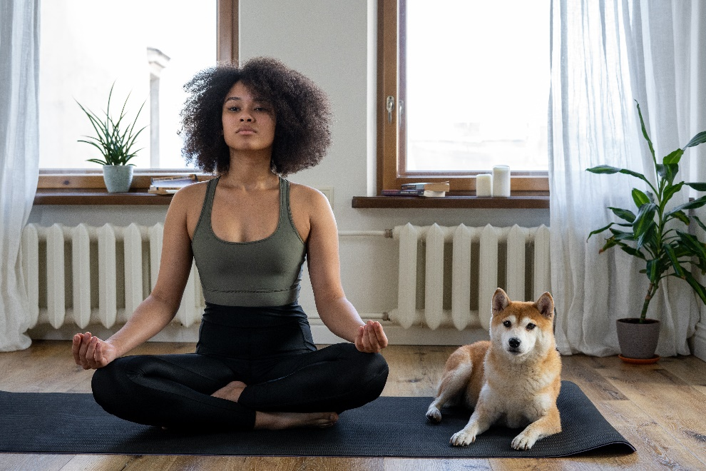 A woman sitting beside her dog doing yoga