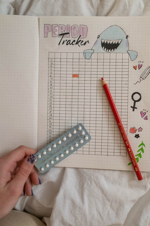 A period tracking chart and birth control pills