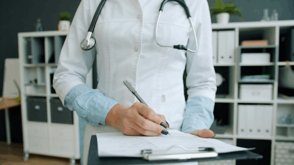 a doctor making notes on virtual healthcare consultation.