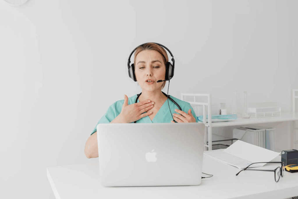 Woman engaged in a video call at home.