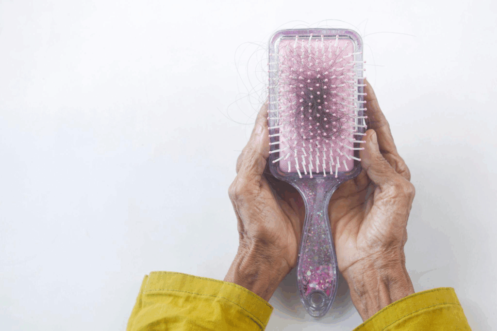 a person holding a brush with hair in it