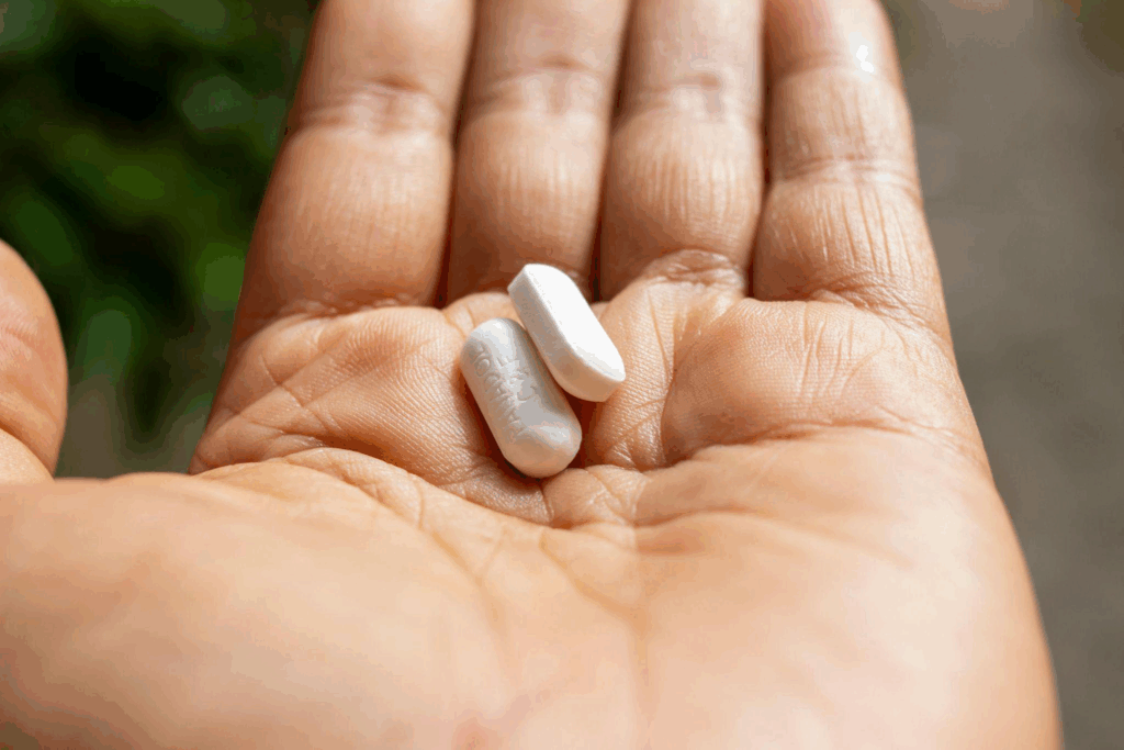 a person holding medication pills in their hand