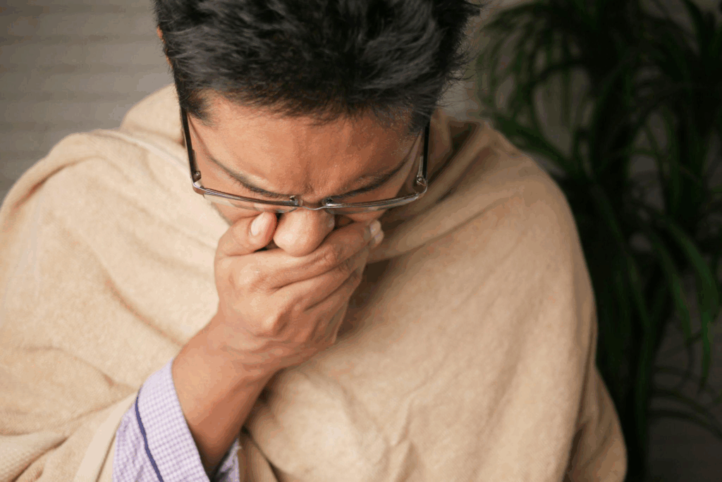 a person holding their nose due to congestion