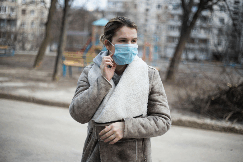 a sick woman wearing a coat and a mask