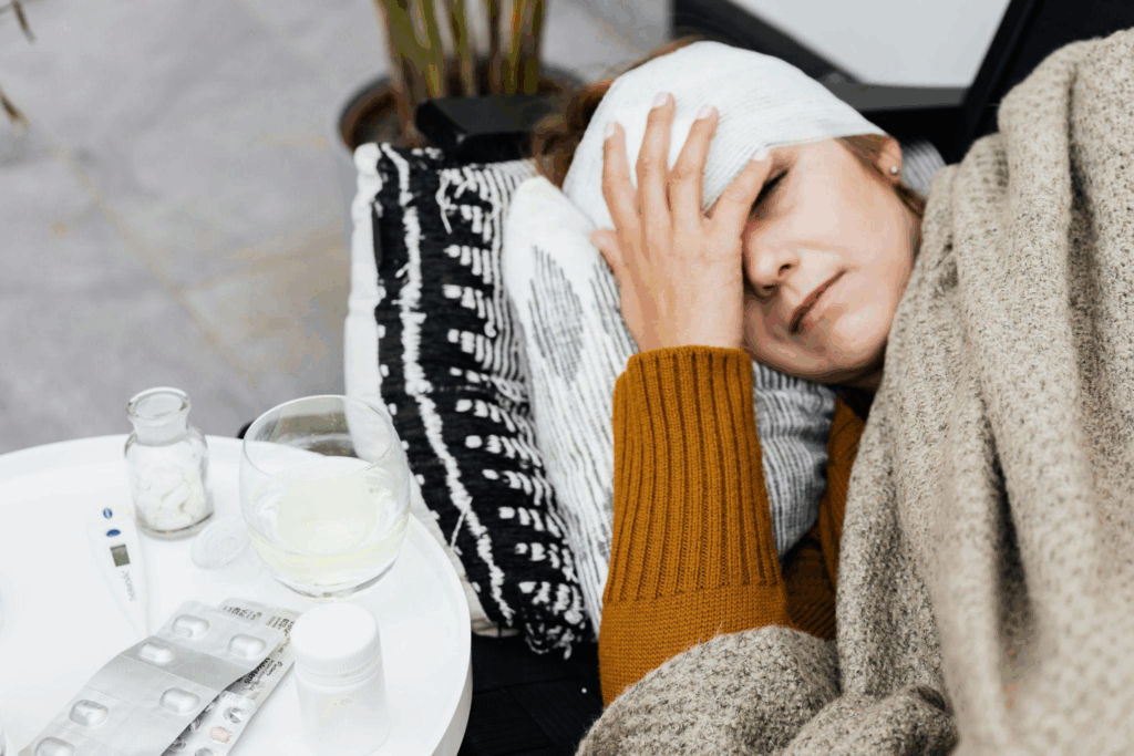 woman with a headache lying down with medicines beside her