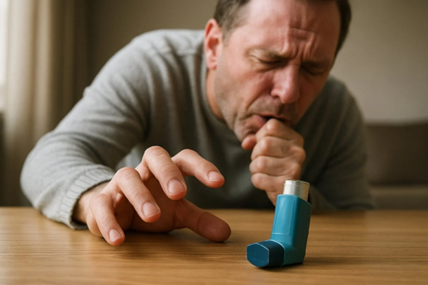 a man coughing and reaching for his inhaler