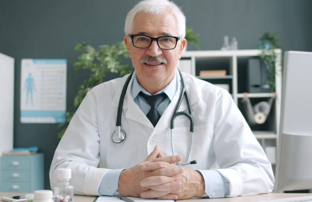 This image shows a doctor sitting with a laptop and medical instruments.