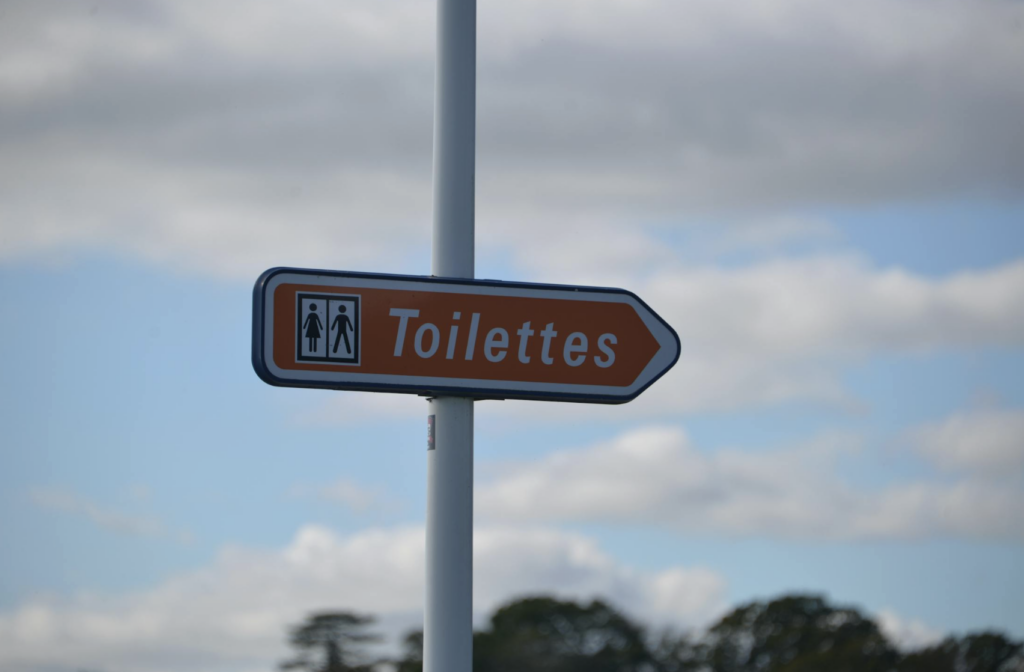 This photo shows a road sign indicating restrooms on a highway.