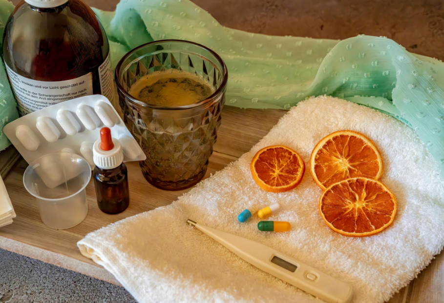 This image shows home remedy essentials for cold relief.